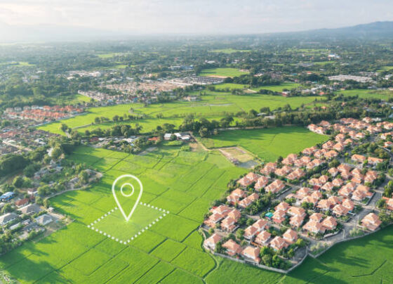 Área verde com casas em volta