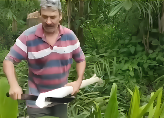 Homem com facão e palmito nas mãos