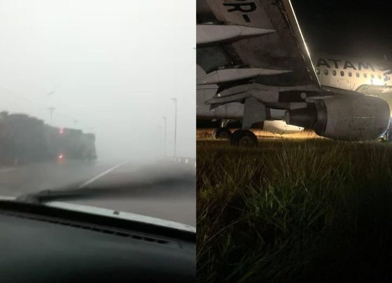 Mau tempo causa tombamento de carreta no RS e avião pousa fora da pista em SC