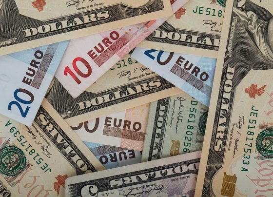 investimento estrangeiro: notas de euro e dólar