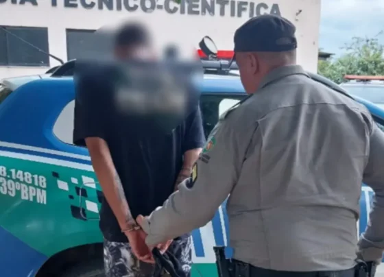 Suspeito sendo conduzido pela PM - (Foto: reprodução/PM)